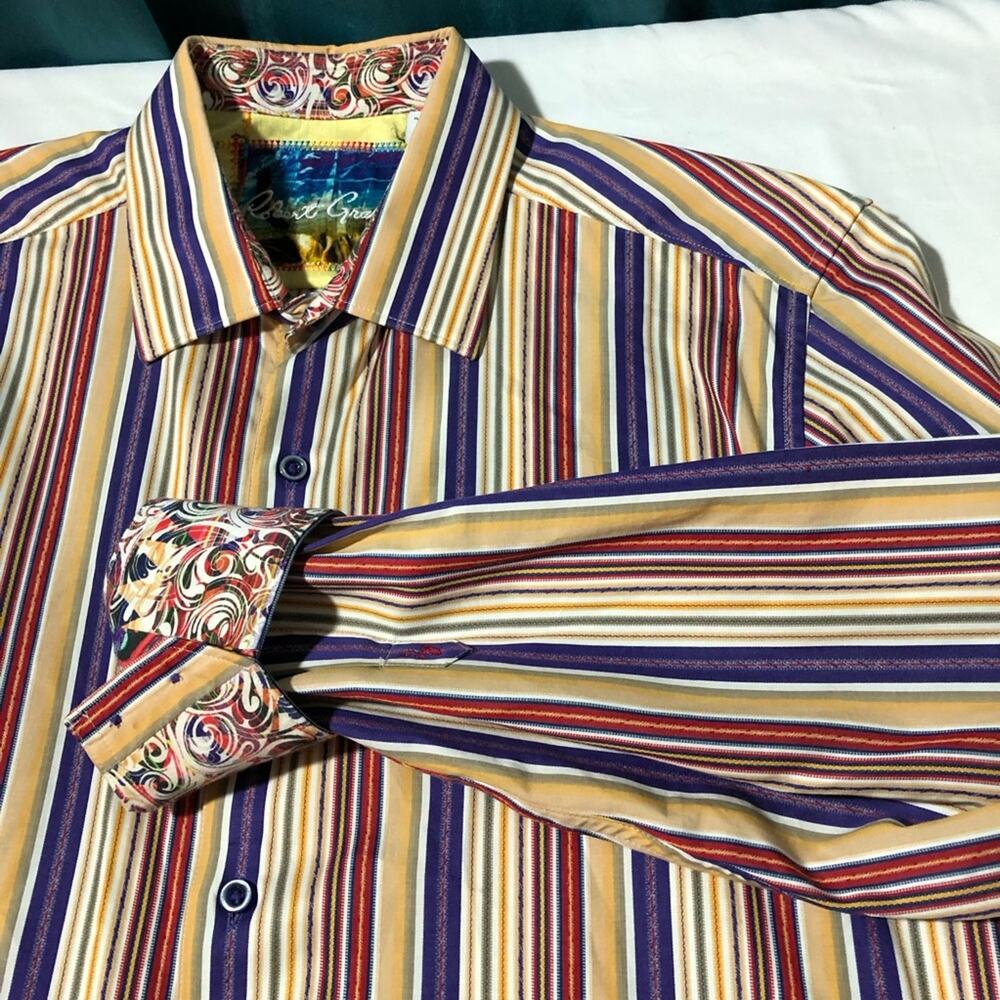 Robert Graham classic fit mens L purple red striped flip cuffs long sleeve sport